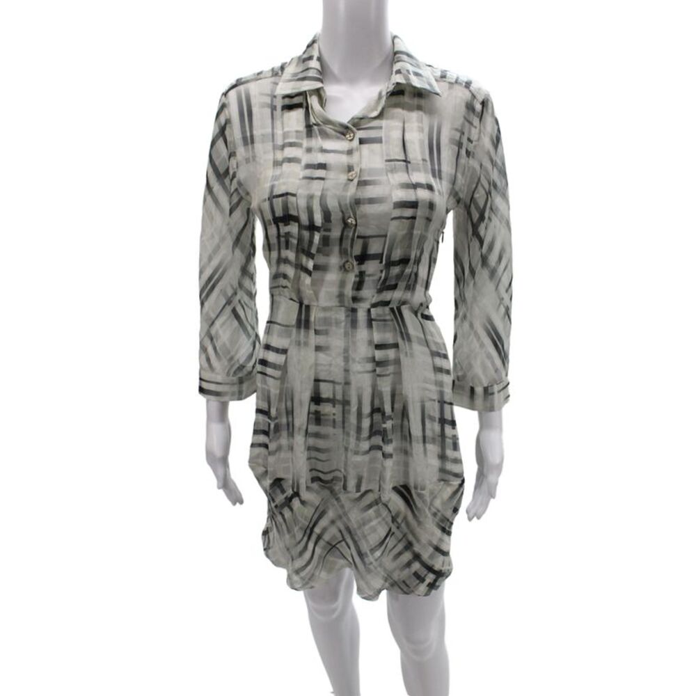 Sportmax Code Womens Shirt Dress Black Silk Collared 3/4 Sleeve Plaid Size 6